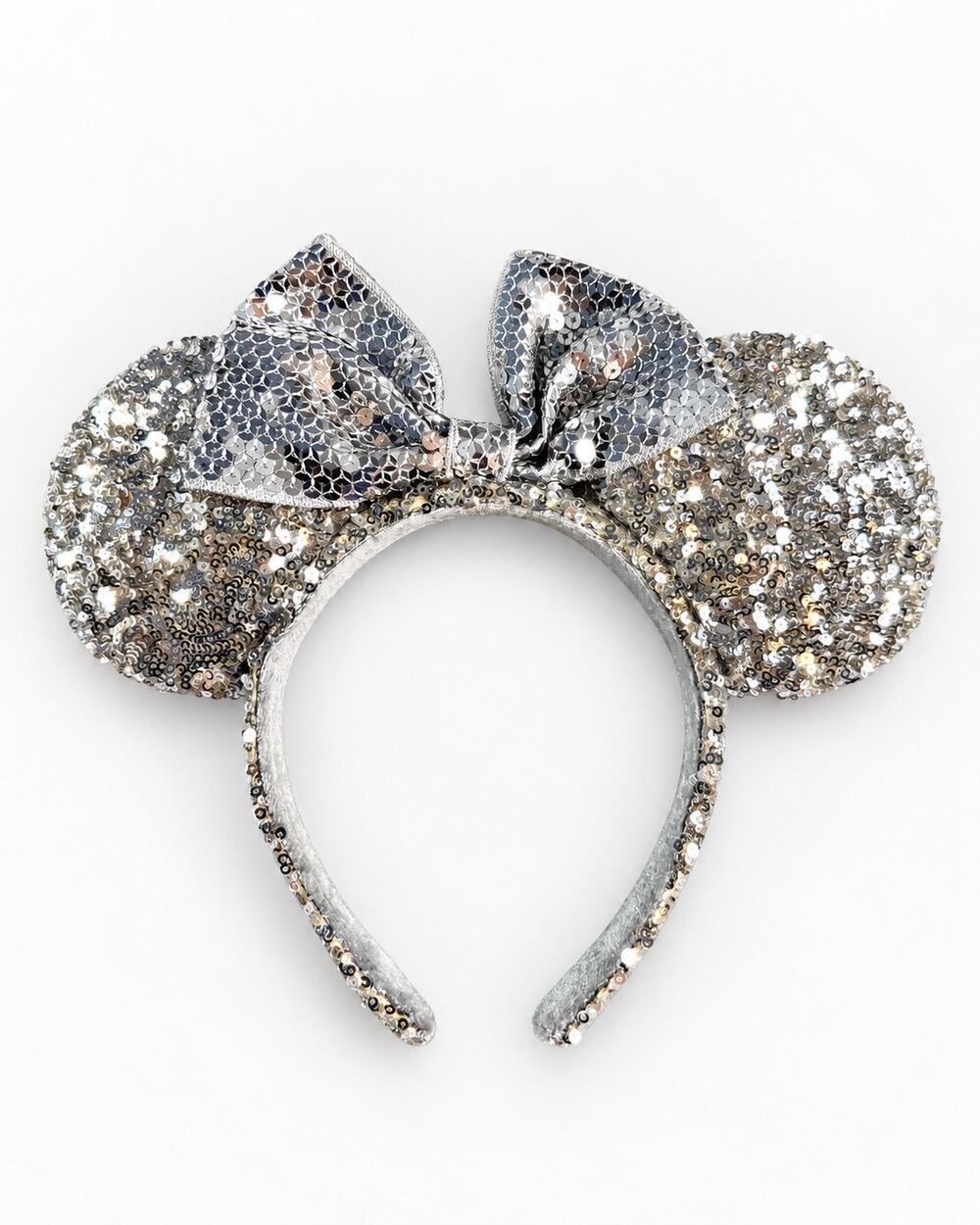 Disney Parks Minnie Mouse Silver Sequin Ears Headband Sparkle Bow Bridal